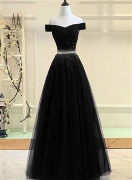 Picture of Black Color Tulle Off Shoulder Beaded Party Dresses , Black Color New Dresses for Party